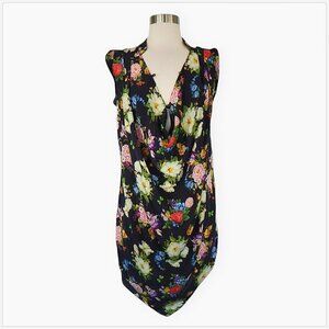 Pino Pizo Collection Charcoal Gray Colorful Floral Silk Draped Shift Dress M